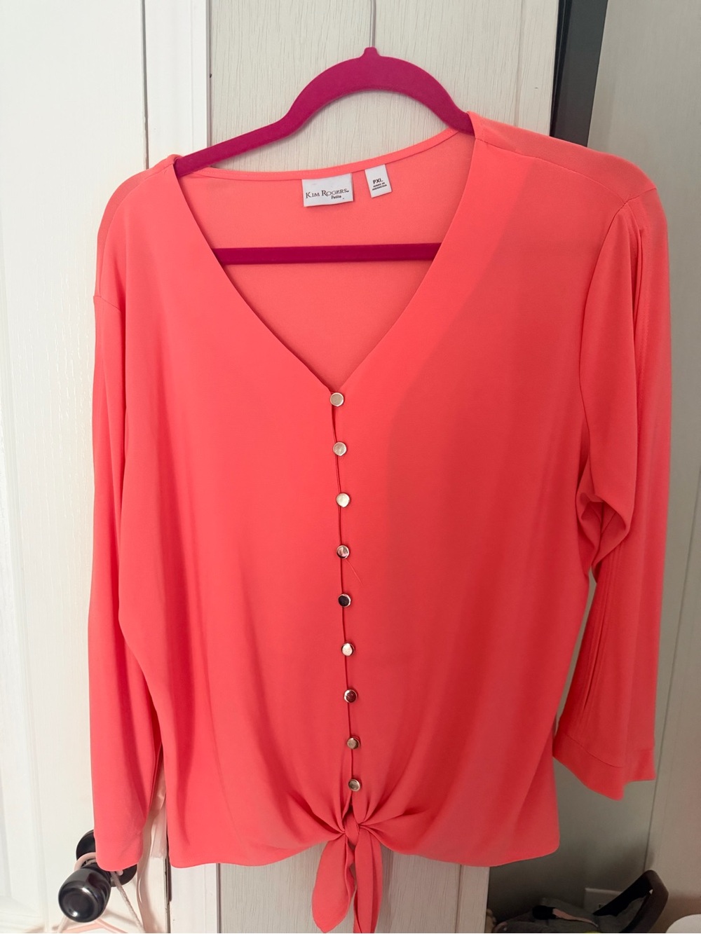 Kim Rogers Coral Button-Front Tie-Hem V-Neck Blouse